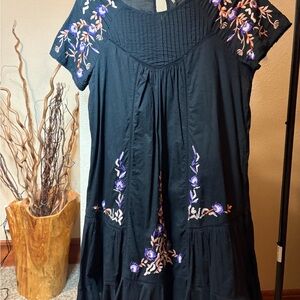 Free People Black Dress with Purple & Pink Floral Embroidery